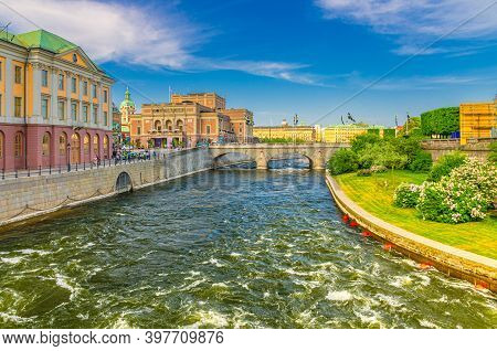 Cityscape Of Stockholm Historical City Centre With Bridge Across Water Canal And Royal Swedish Opera