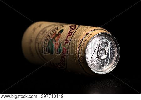 Birra Moretti, A Premium Lager Beer With Water Droplets On Black Background. Studio Photo Shoot In B