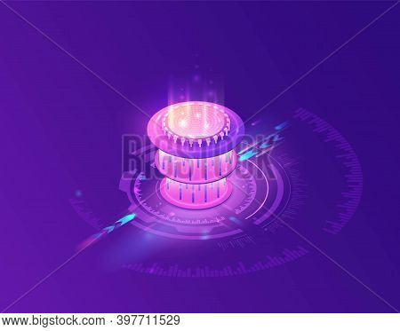 Quantum Computer Futuristic Processor, Chip With Network, Isometric Vector Illustration, Glowing Pur