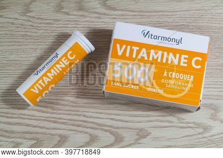 Primelin - France, November 16, 2020 : Vitarmonyl Vitamin C Box On Wooden Background