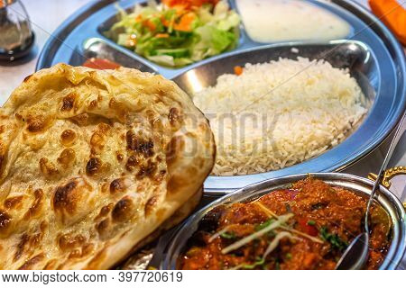 Nepalese Cuisine, Lavash, Rice, Meat. High Quality Photo