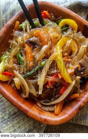 Korean Japchae Vegetarian Stir Fried Cellophane Noodles With Vegetables