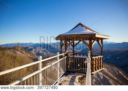 Wooden Pavilion With Scenery Mountains View, Caucasus.