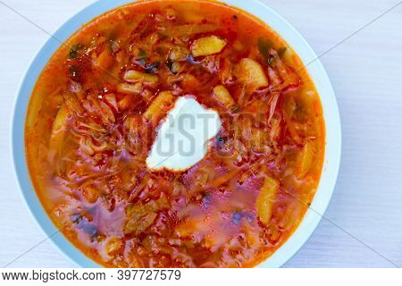 Served Tasty Cabbage Soup Meal Close Up View.