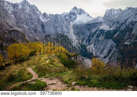 Beautiful Autumn For Hike In The Mountains. Triglav National Park In Kranjska Gora, Slovenia.