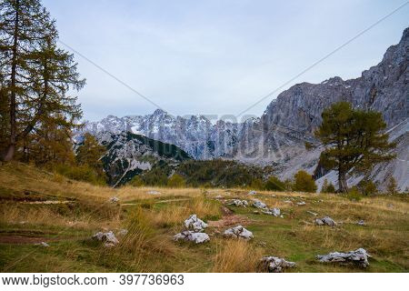 Beautiful Autumn For Hike In The Mountains. Triglav National Park In Kranjska Gora, Slovenia.