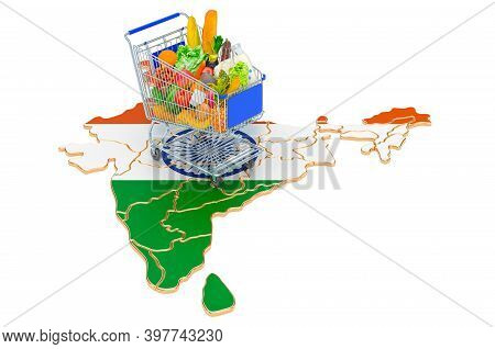 Purchasing Power In India Concept. Shopping Cart With Indian Map, 3d Rendering Isolated On White Bac
