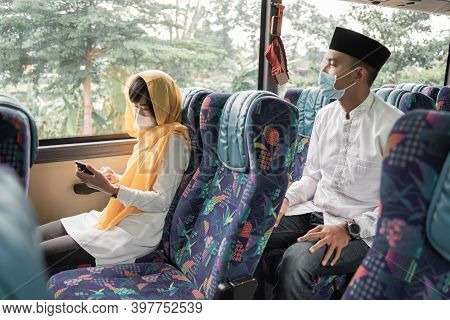 Muslim Couple Wear Mask Travel By Bus During Eid Mubarak Holiday