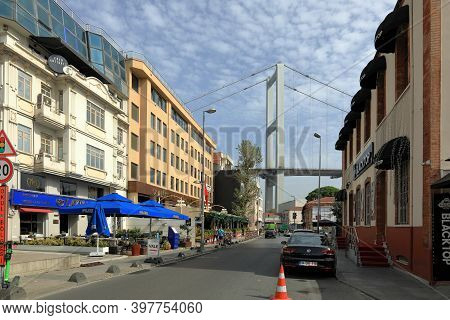 Istanbul, Turkey - October 06, 2020. View Of Bosphorus Bridge, Seen From Muallim Naci Street. Ortako