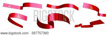 Set Of Holiday Ribbons. Soviet Union Flag, Ussr Waving In Wind. Separation Into Lower And Upper Laye