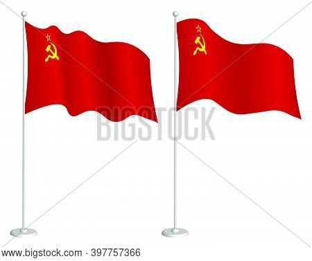 Soviet Union Flag, Ussr On Flagpole Waving In Wind. Holiday Design Element. Checkpoint For Map Symbo