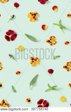 Modern Floral Seamless Pattern With Pansy Flowers, Green Leaves And Petals, Small Summer Flowery Orn