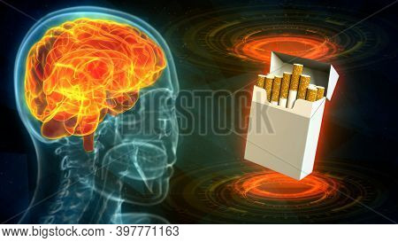 Medical 3d Illustration - X-ray Human Head Image With Highlighted Brain And Cigarette Pack - Damage 