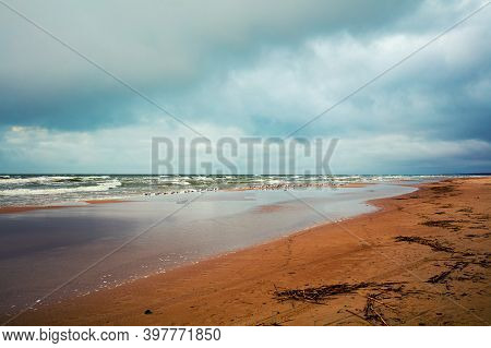 Seashore With Cloudy Sky. Deserted Beach In The Evenng