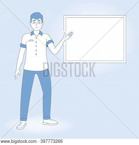 Guy Points With His Hand To A Blank Whiteboard, A Man Shows A Report. Vector Illustration In Flat St
