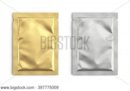 Blank gold and silver metal sachet packet isolated on white. Small pack sachet mockup. 3d rendering