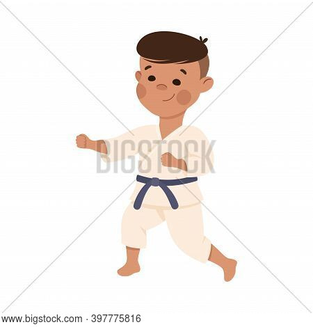 Cute Boy Doing Karate, Kid In Kimono Doing Sports, Active Healthy Lifestyle Concept Cartoon Style Ve