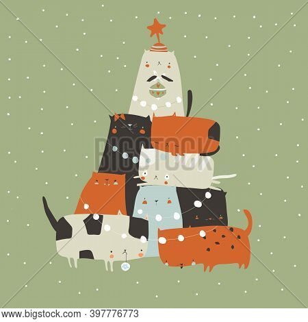 Fir-tree Of Cats. Spruce Of Pet. Christmas Tree From Cats