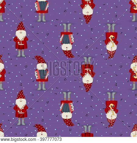 Seamless Symmetric Pattern Nisse Musician Santa Claus, Christmas Motive In Red Coat