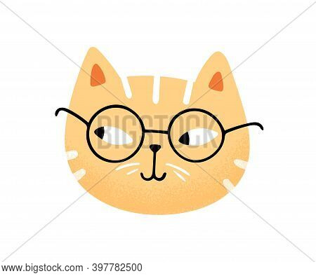 Muzzle Of Funny Cute Cat In Glasses Vector Flat Illustration. Portrait Of Clever Feline Character Is