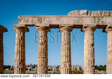 Greek Temples At Selinunte, View On Sea And Ruins Of Greek Columns In Selinunte Archaeological Park 