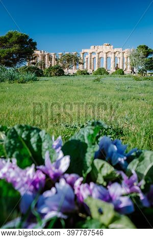 Greek Temples At Selinunte, View On Sea And Ruins Of Greek Columns In Selinunte Archaeological Park 