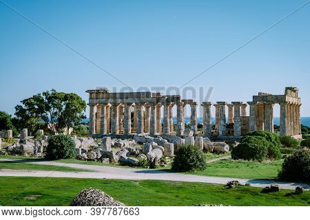 Greek Temples At Selinunte, View On Sea And Ruins Of Greek Columns In Selinunte Archaeological Park 