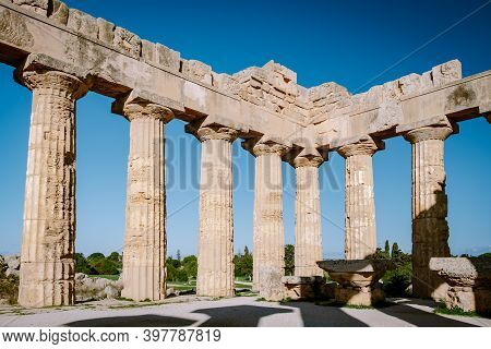 Greek Temples At Selinunte, View On Sea And Ruins Of Greek Columns In Selinunte Archaeological Park 