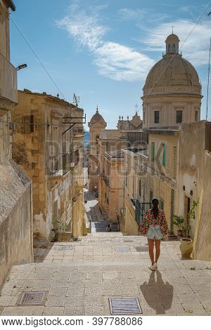 Sicily Italy, View Of Noto Old Town And Noto Cathedral, Sicily, Italy. Beautiful And Typical Streets
