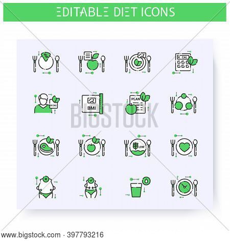 Diet Line Icons Set. Calorie Count, Healthy Nutrition Concept. Slimming. Serving Size. Weight Loss. 