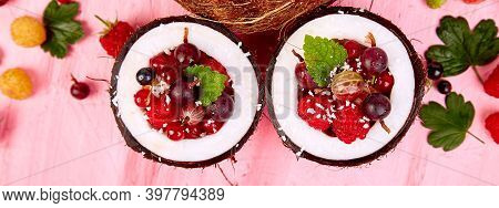 Banner Of Fruit Salad Agrus, Gooseberry, Rasbberry In Coconut