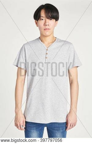 Asian man in gray tee mockup