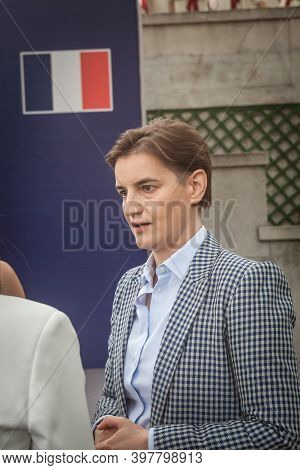 Belgrade, Serbia - July 12, 2019: Ana Brnabic, Serbian Prime Minister Serious Discussing At French E