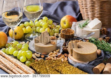 Plate Of Organic Raw Vegan Cheese, Snacks, Nuts, Fruits