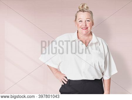 Size inclusive women's fashion white shirt studio shot