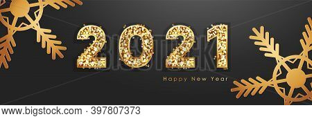 2021 Numbers For Coming New Year With Golden Glitter. Text Sparkles In Bold Gold Letters On Black. L