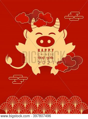 2021 Year Of Bull. Happy Chinese New Year Of Ox In Paper Cut Style. Greeting Card Asian Design For C