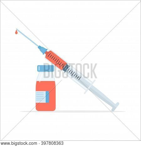 Vaccination Concept. Medical Ampoule With A Vaccine And A Syringe. Vector Illustration Isolated On W