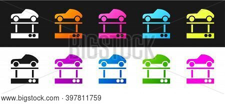 Set Repair Car On A Lift Icon Isolated On Black And White Background. Repair Of The Underbody, Suspe