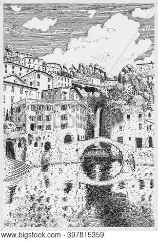 Old Stone Bridge Of Nesso Village At Lake Como, Italy. Hand Made Painted Ink Sketch On Paper. Vintag