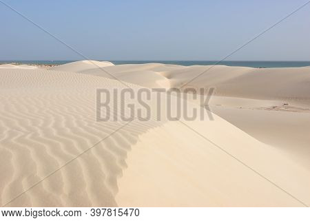 Big White Sand Dunes At Aomak Beach At Sunset, Socotra Island, Yemen. The Protected Area Of Aomak Be