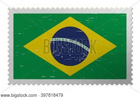 Brazilia Flag On Old Postage Stamp, Vector