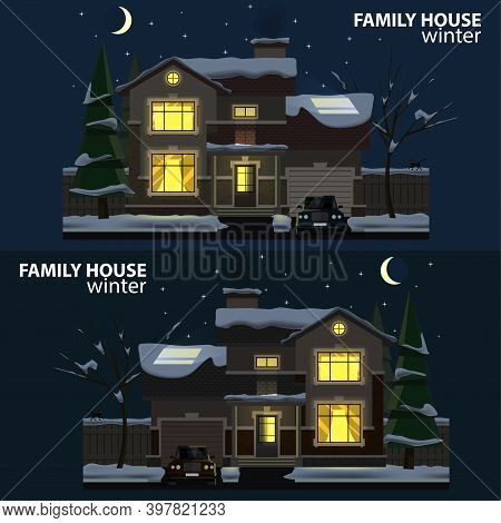 Family House At Night. Winter. 2 Houses, Car And Trees. Hearth And Home. Flat Design. For Your Proje