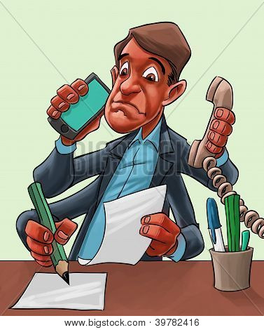 Tegneserie tegneserie af en mand Multitasking