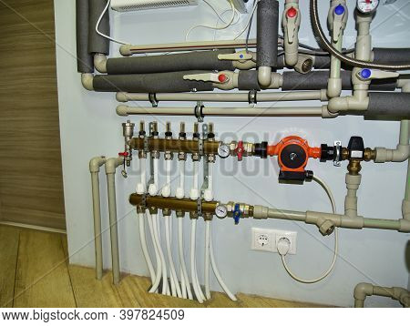 Independent Heating System In Boiler Room At Home. Domestic Water Supply System. Water Supply For Un
