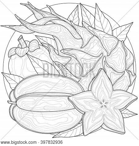 Carom Fruit, Pitaya, Mangosteen.coloring Book Antistress For Children And Adults. Zen-tangle Style.b