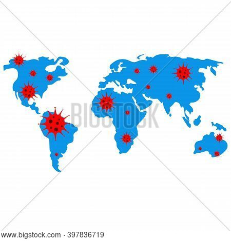 Blue World Map With Foci Of Caronovirus.