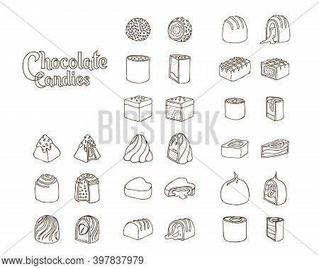 Set Of Vector Doodle Linart Illustrations Of Chocolate Candies Isolated On White Background