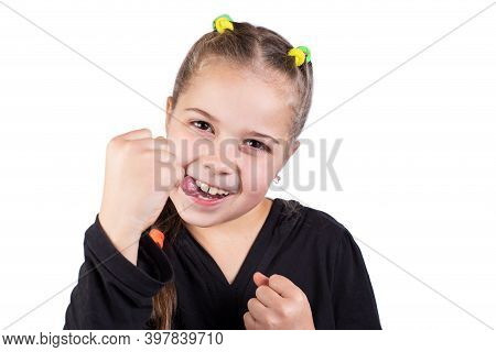 Girl With Fists. Funny Girl Showing Fists.