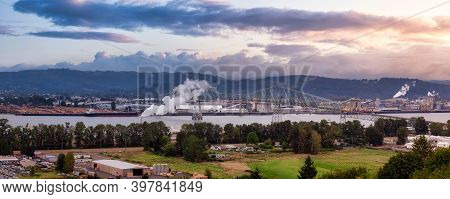 Longview, Washington, United States Of America. Aerial Panoramic View Of Port, Industrial Sites And 